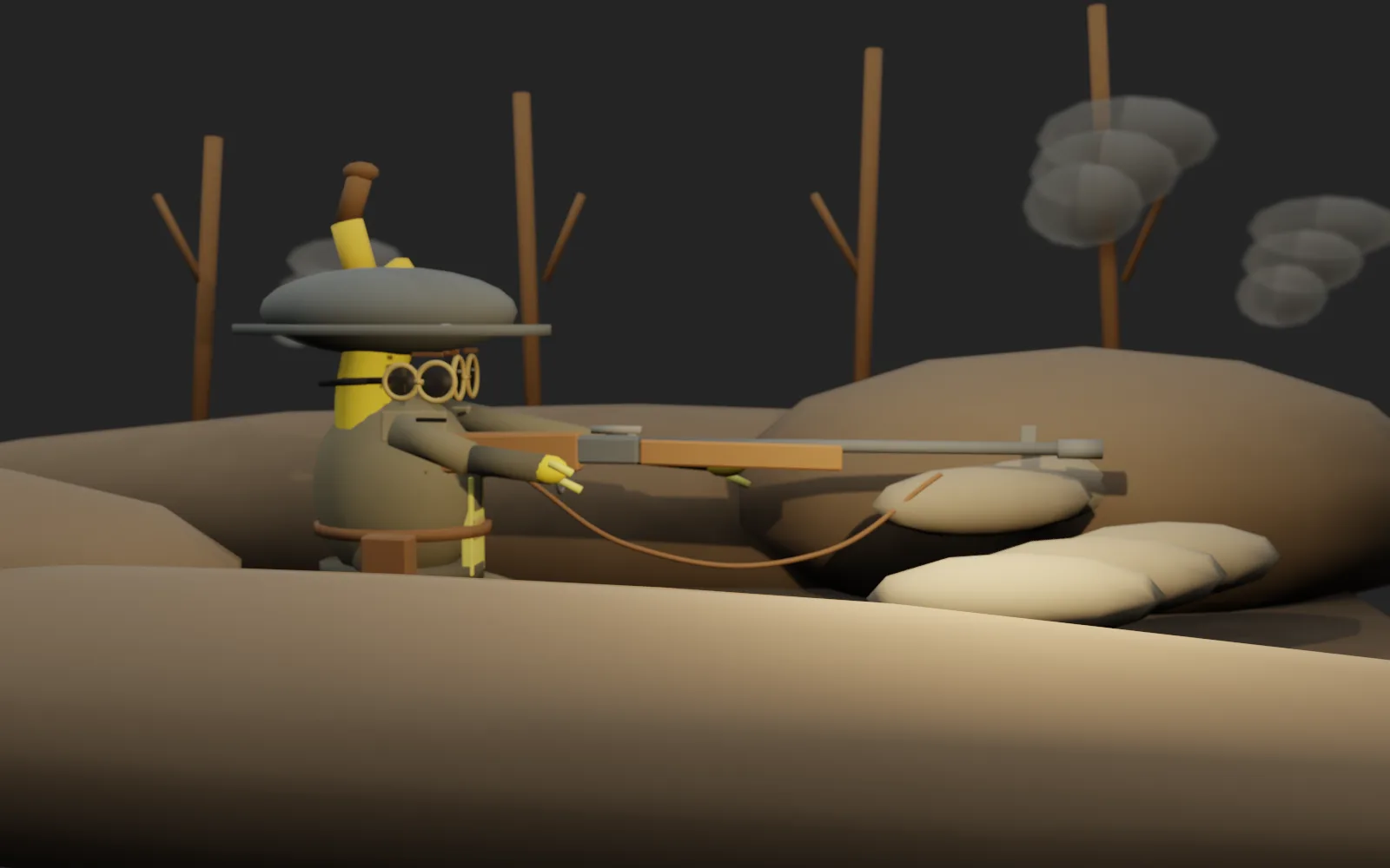 An early temporary banana soldier with a red bandanna and simple equipment