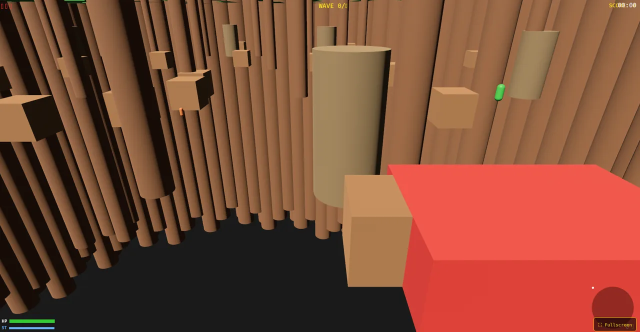 An early greybox scene with brown cylinder trees, a large red tractor block and a basic HUD