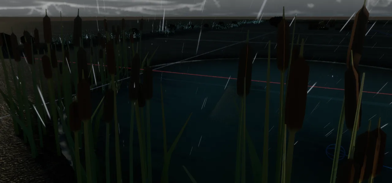 Heavy rain over a pond seen through reeds under a grey sky