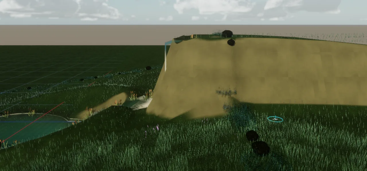 A steep hand-sculpted slope rising from grass, with a pool cut into the ground on the left